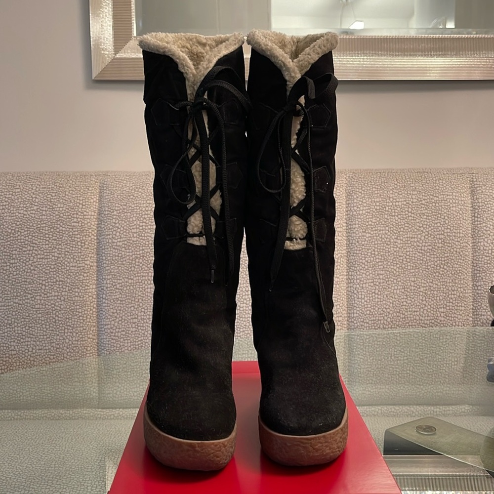 Michael Kors Suede Shearling Wedge Boots - Black - 6.5